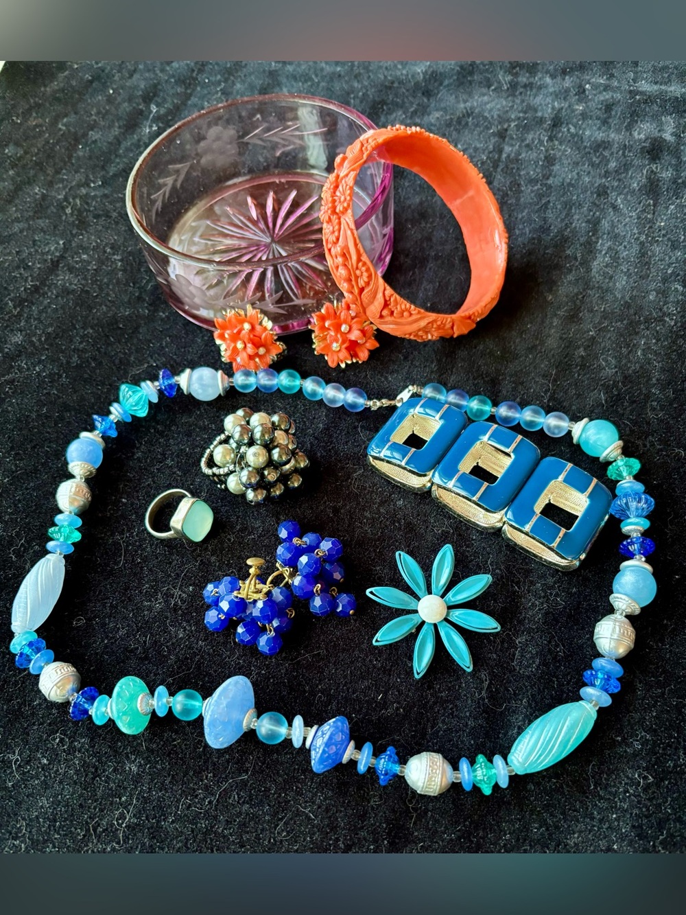Vintage Jewelry Lot Blue Coral Statement Pieces + Purple Glass Trinket Dish
